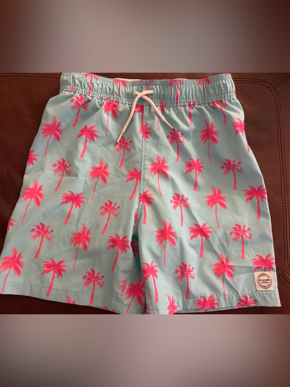 abercrombie kids swim trunks Light Blue Shorts with Hot Pink Palm Print